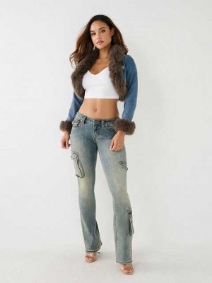 True Religion Cropped Fur Trim Denim Jacka Dam Tvätt | OZJ475293