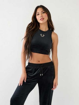 True Religion Crystal Velour Crop Linne Dam Svarta | JLP243970