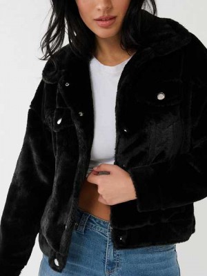 True Religion Faux Fur Trucker Jacka Dam Svarta | ELH739865