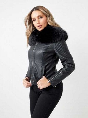 True Religion Fur Trim Faux Läder Moto Jacka Dam Svarta | GBF526493