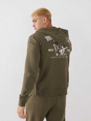 True Religion Klassiska Logo Zip Hoodie Herr Olivgröna | NFI371068