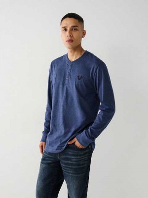 True Religion Logo Henley Skjorta Herr Marinblå Grå | WTM145832