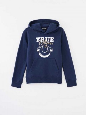 True Religion Logo Hoodie Barn Marinblå Blå | KUT498207