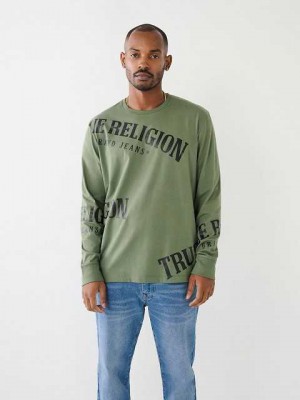 True Religion Long Sleeve Logo Relaxed T-shirt Herr Bruna Gröna | MZA912873