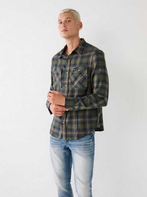 True Religion Plaid Flannel Skjorta Herr Bruna Gröna | DIX786015