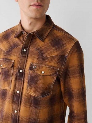 True Religion Western Plaid Flannel Skjorta Herr Mörkgula | UXM187605