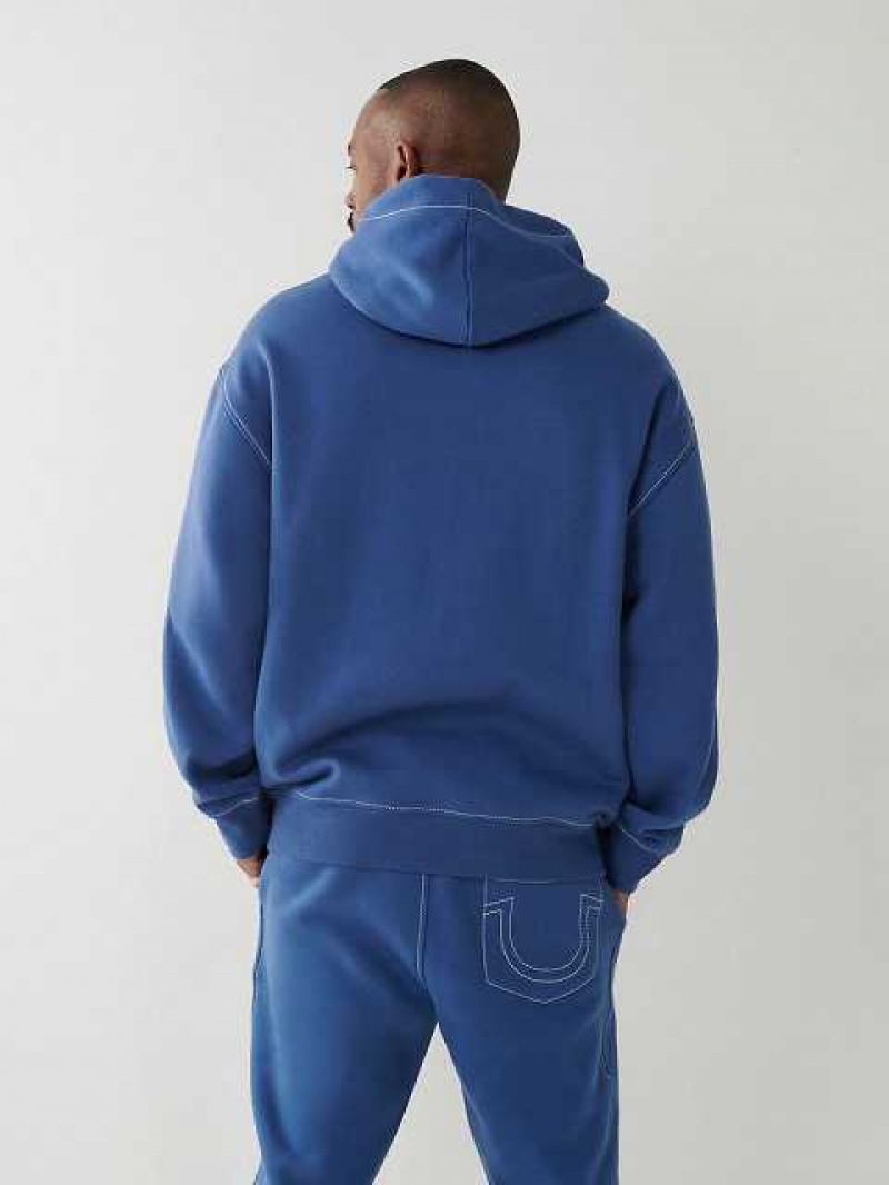 True Religion Big T Logo Relaxed Hoodie Herr Marinblå | QRP371486