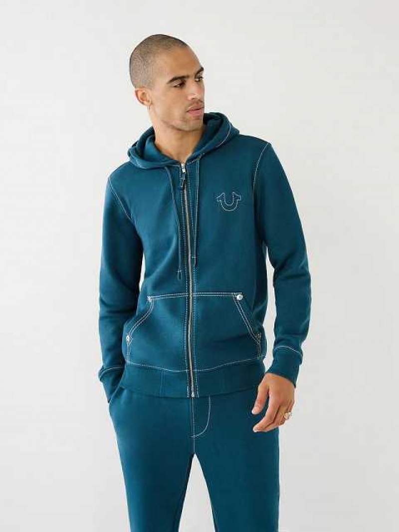 True Religion Big T Zip Hoodie Herr Påfågelblå | MNE762481