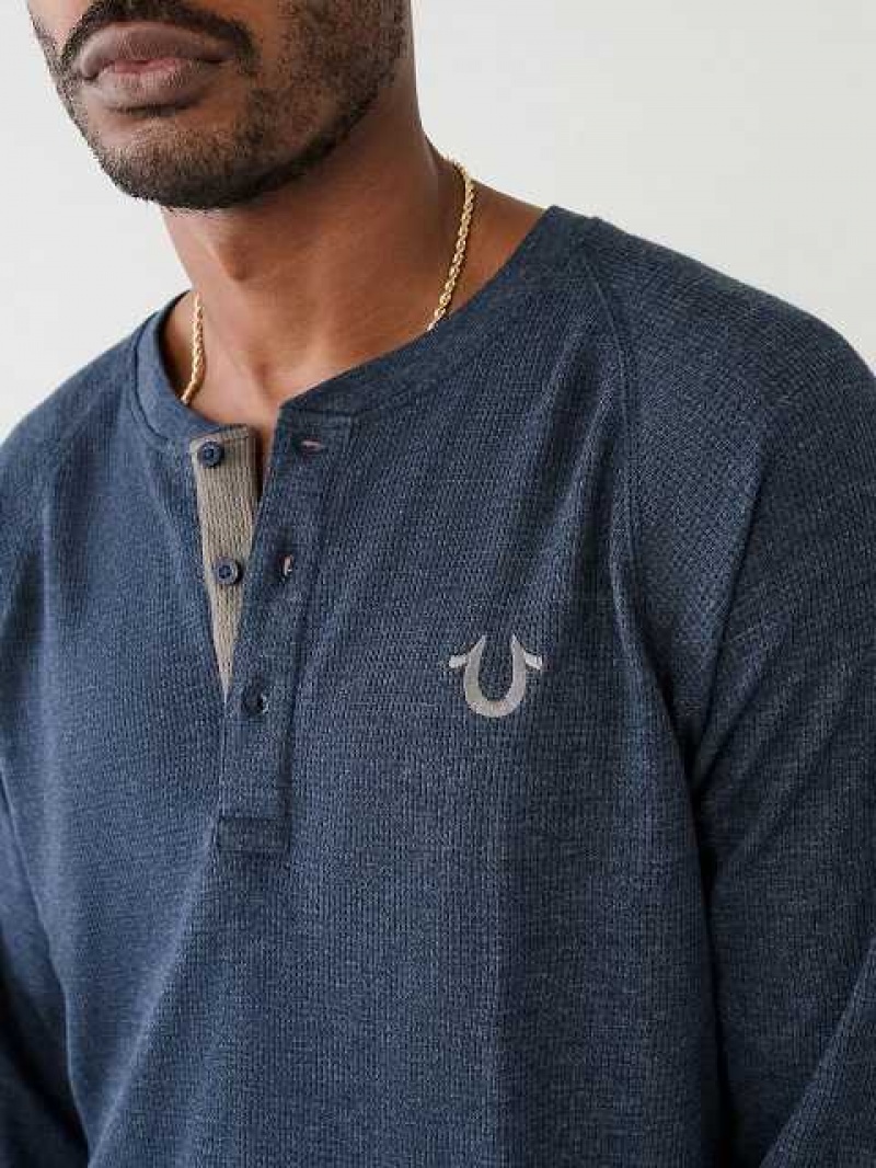 True Religion Buddha Henley Skjorta Herr Marinblå Grå | UMX321805