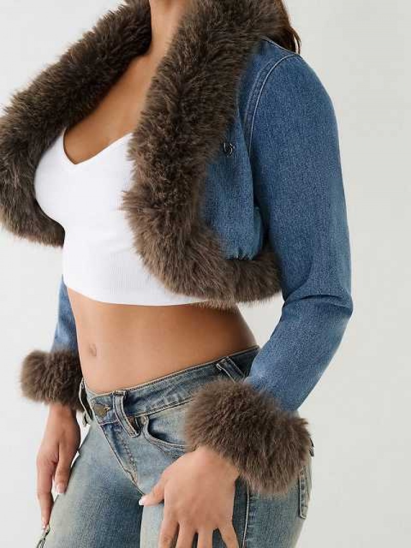 True Religion Cropped Fur Trim Denim Jacka Dam Tvätt | OZJ475293