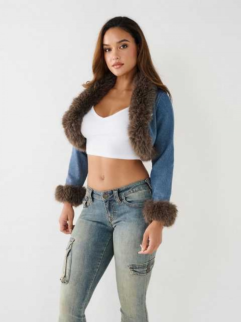 True Religion Cropped Fur Trim Denim Jacka Dam Tvätt | OZJ475293