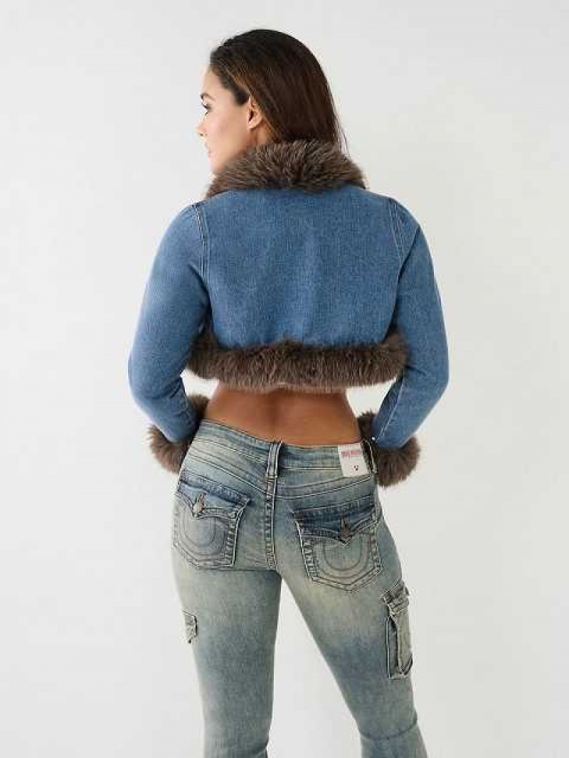 True Religion Cropped Fur Trim Denim Jacka Dam Tvätt | OZJ475293