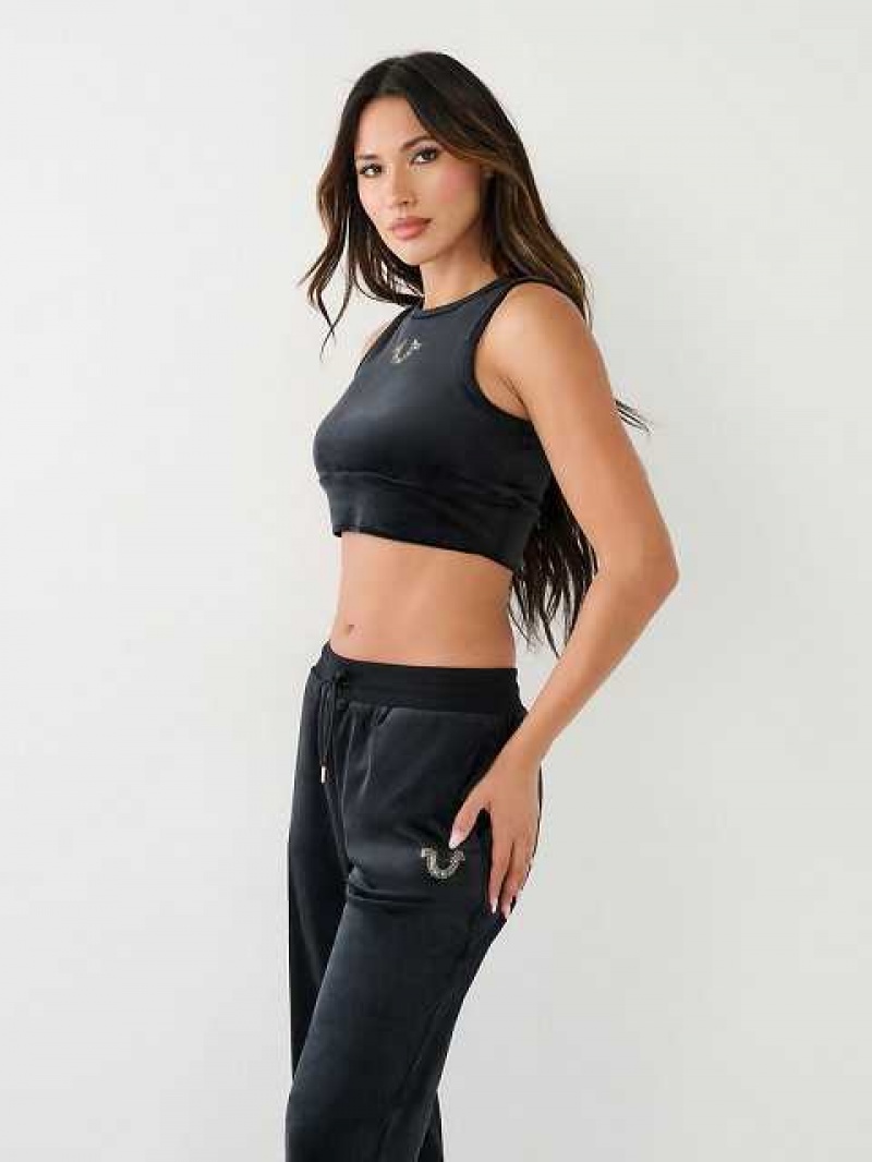 True Religion Crystal Velour Crop Linne Dam Svarta | JLP243970