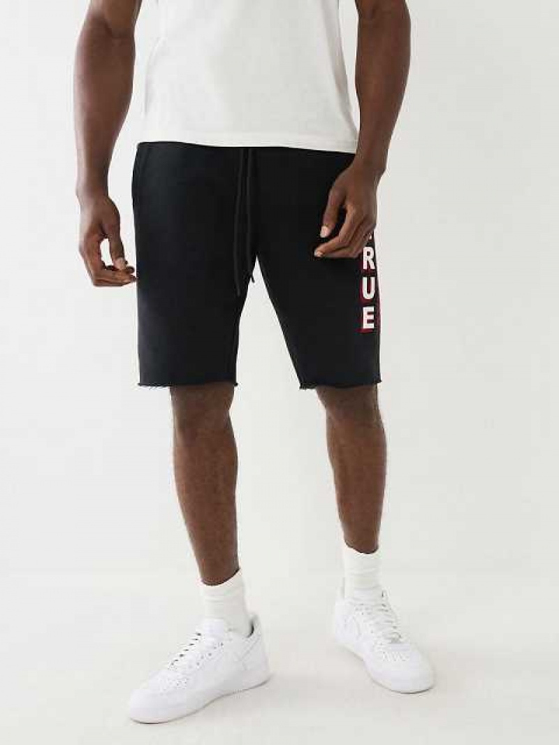 True Religion Flocked True Logo Fleece Raw Hem Shorts Herr Svarta | RHZ085937