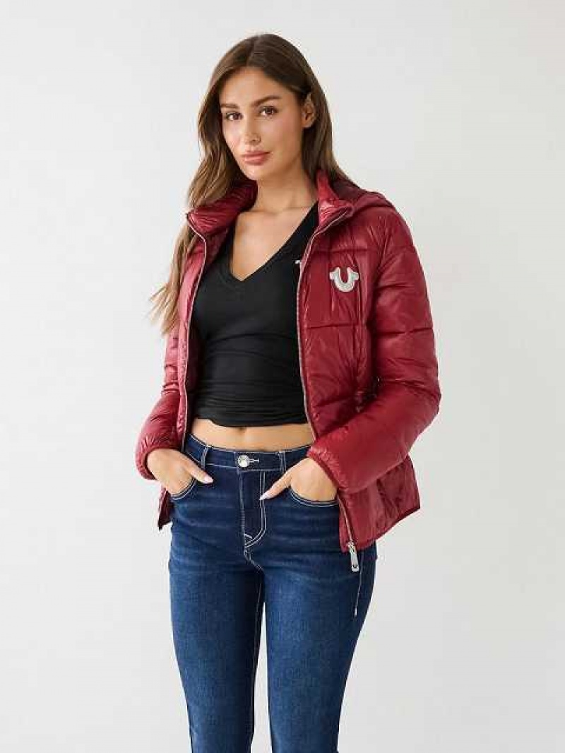 True Religion Horseshoe Logo Hooded Puffer Jacka Dam Fuchsia | KMD590647