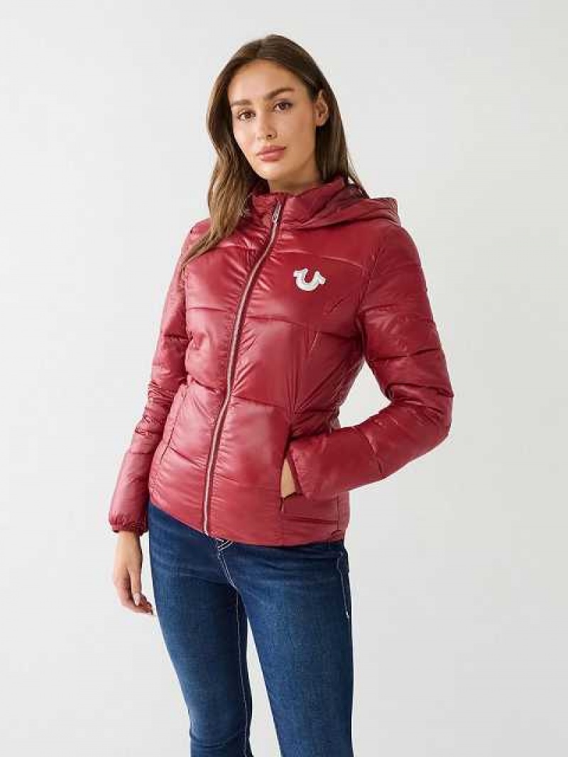 True Religion Horseshoe Logo Hooded Puffer Jacka Dam Fuchsia | KMD590647