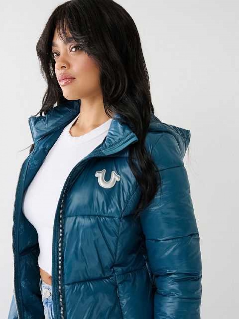 True Religion Horseshoe Logo Hooded Puffer Jacka Dam Blå | RUY670398