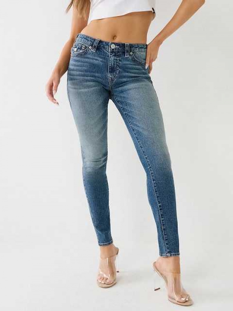 True Religion Jennie Mid Rise Flap Super Skinny Jeans Dam Blå | YDM376942