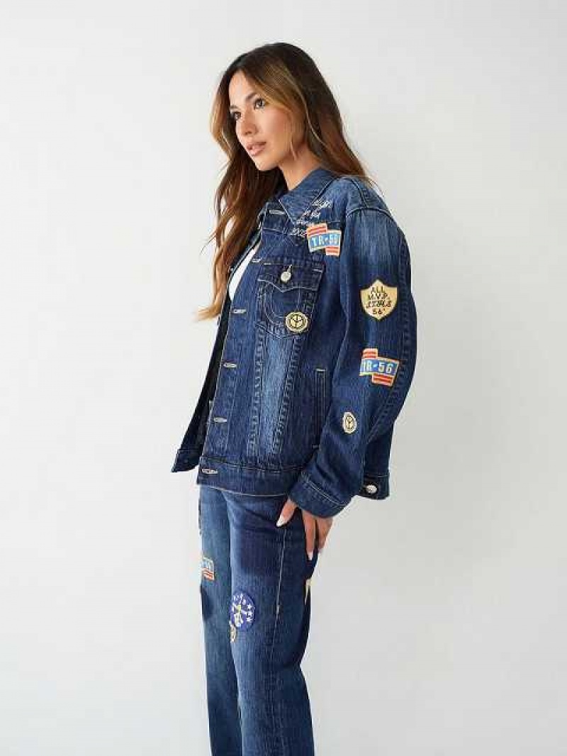 True Religion Jimmy Logo Patch Denim Jacka Dam Marinblå | OIK438657