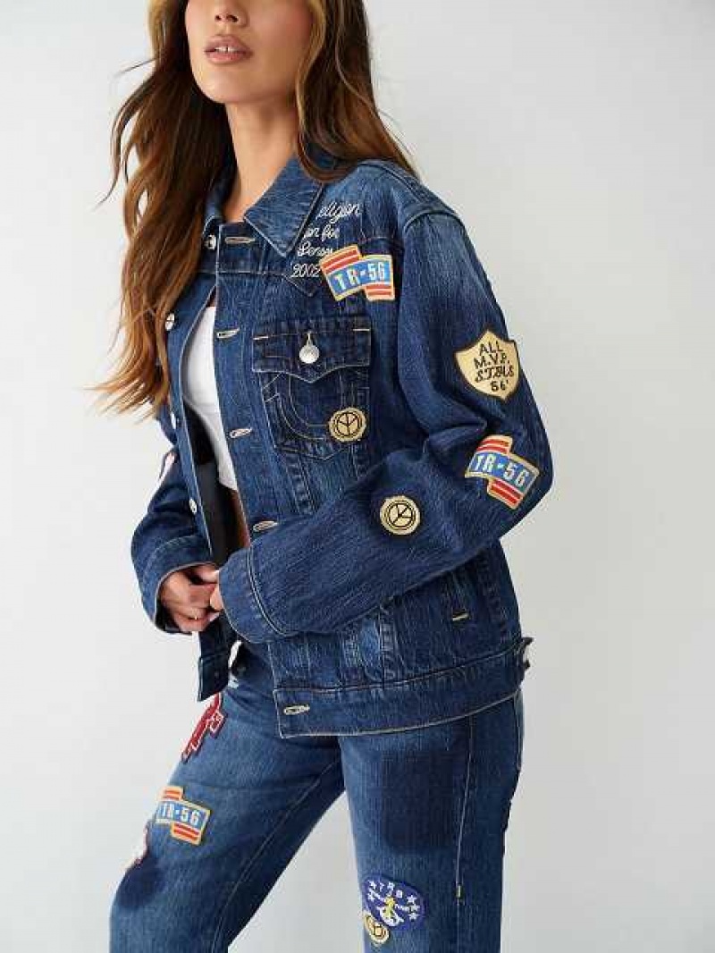 True Religion Jimmy Logo Patch Denim Jacka Dam Marinblå | OIK438657