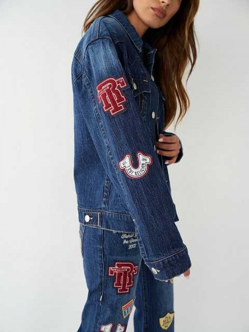 True Religion Jimmy Logo Patch Denim Jacka Dam Marinblå | OIK438657