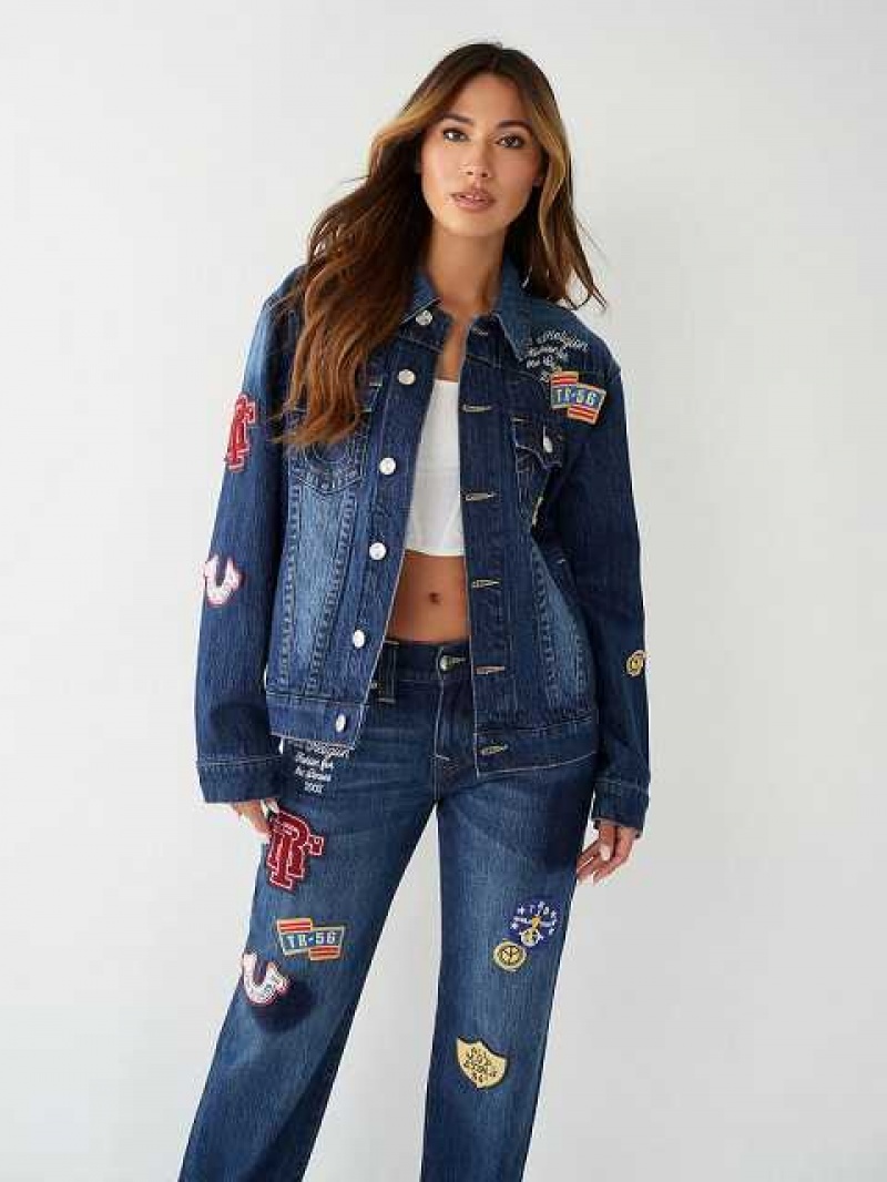 True Religion Jimmy Logo Patch Denim Jacka Dam Marinblå | OIK438657