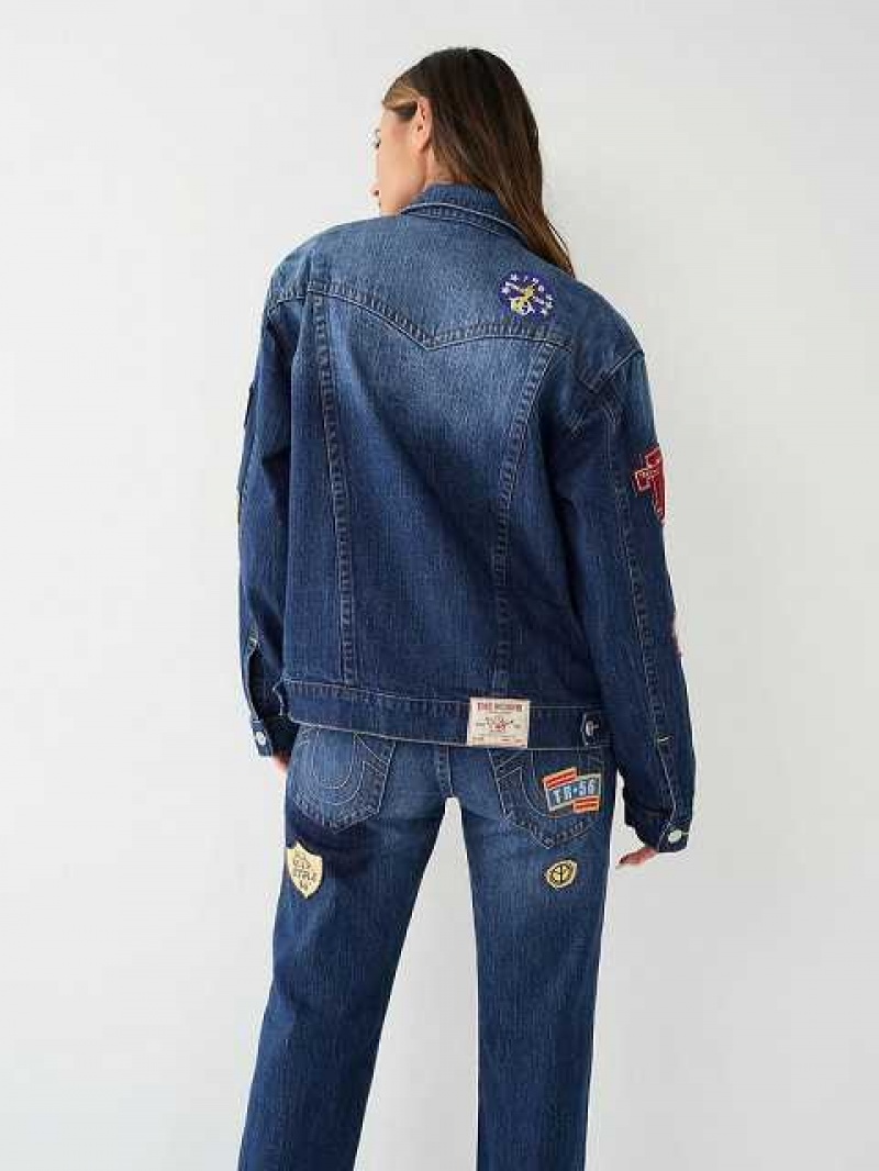 True Religion Jimmy Logo Patch Denim Jacka Dam Marinblå | OIK438657