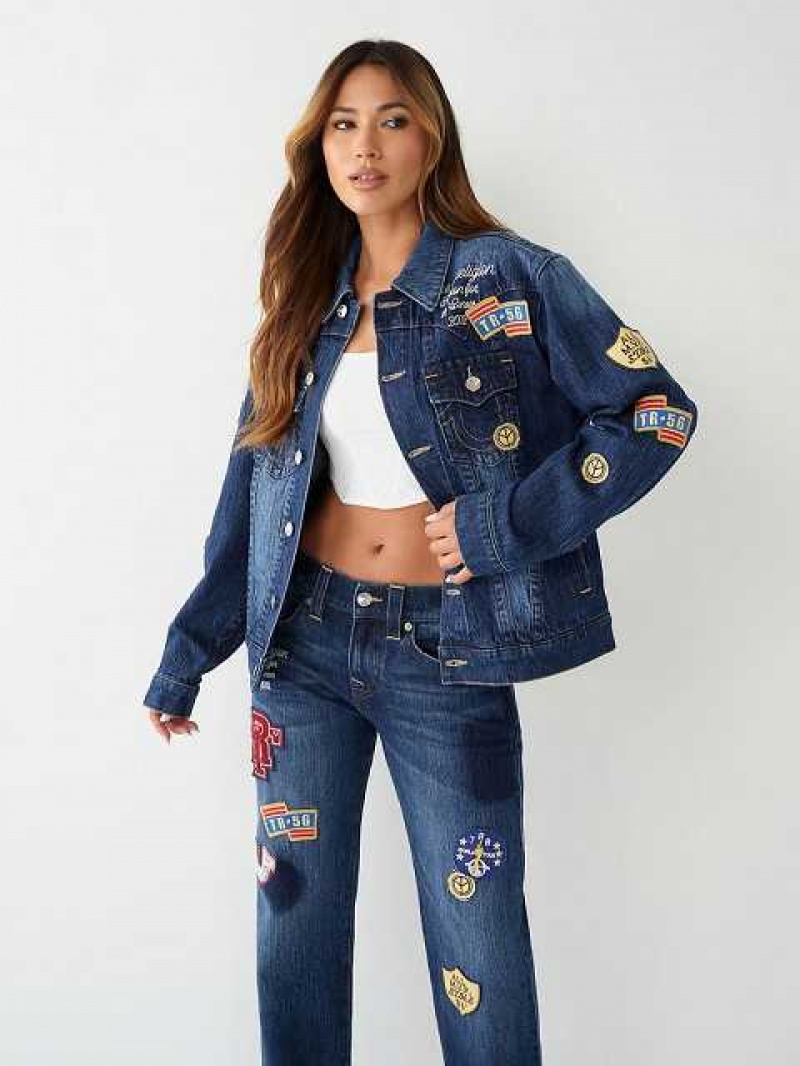 True Religion Jimmy Logo Patch Denim Jacka Dam Marinblå | OIK438657