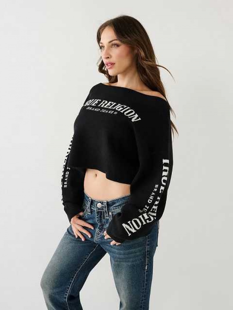 True Religion Off The Shoulder Logo Tröja Dam Svarta | UAY673105