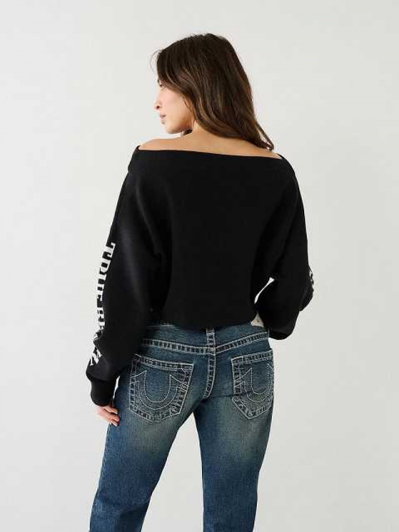 True Religion Off The Shoulder Logo Tröja Dam Svarta | UAY673105