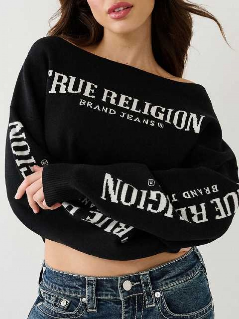 True Religion Off The Shoulder Logo Tröja Dam Svarta | UAY673105