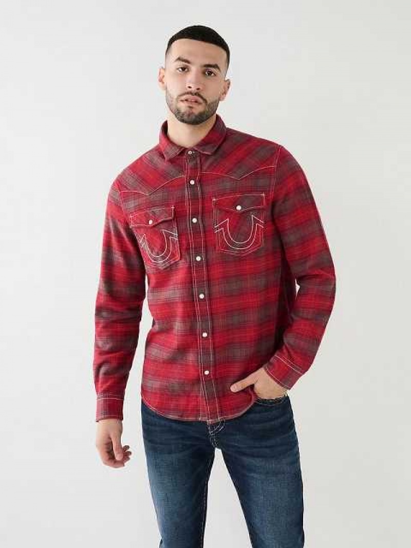 True Religion Plaid Big T Western Skjorta Herr Fuchsia | XGM680341