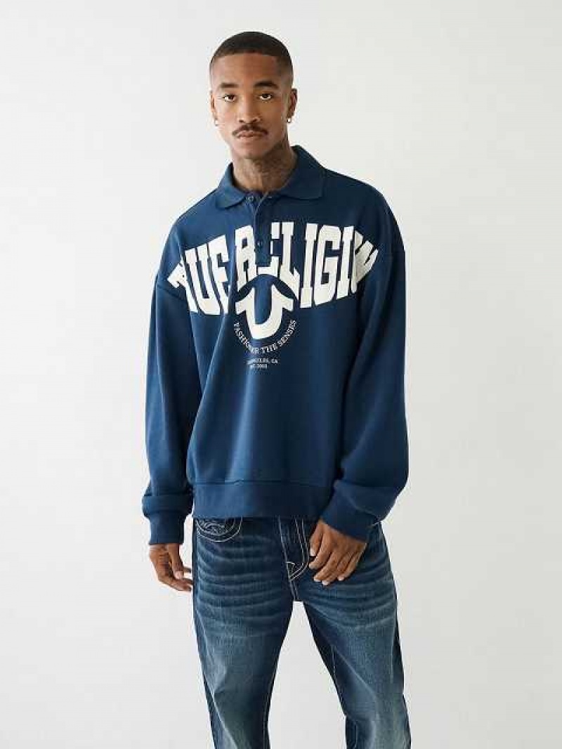 True Religion Tr Logo Rugby Sweatshirt Herr Marinblå Blå | OAP946083