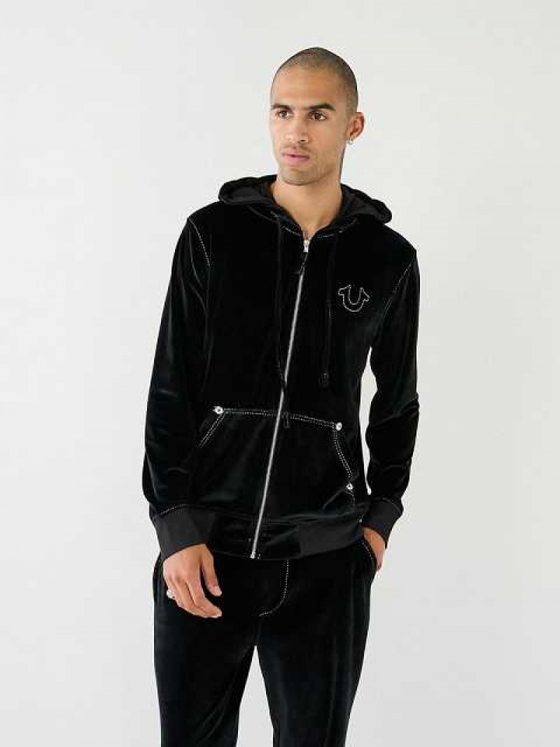 True Religion Velour Big T Zip Hoodie Herr Svarta | ASB527684