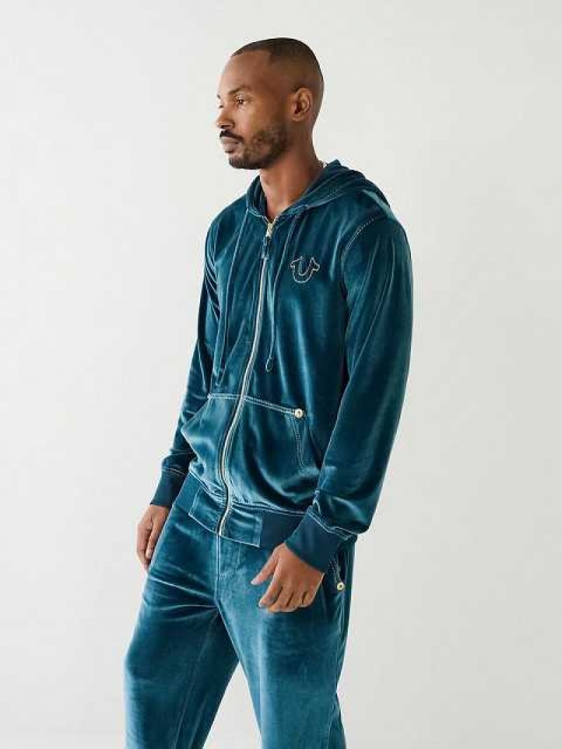 True Religion Velour Big T Zip Hoodie Herr Påfågelblå | HAJ210436