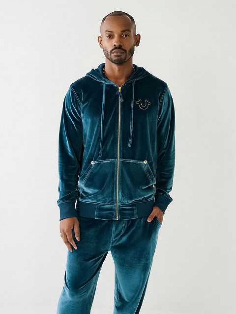 True Religion Velour Big T Zip Hoodie Herr Påfågelblå | HAJ210436