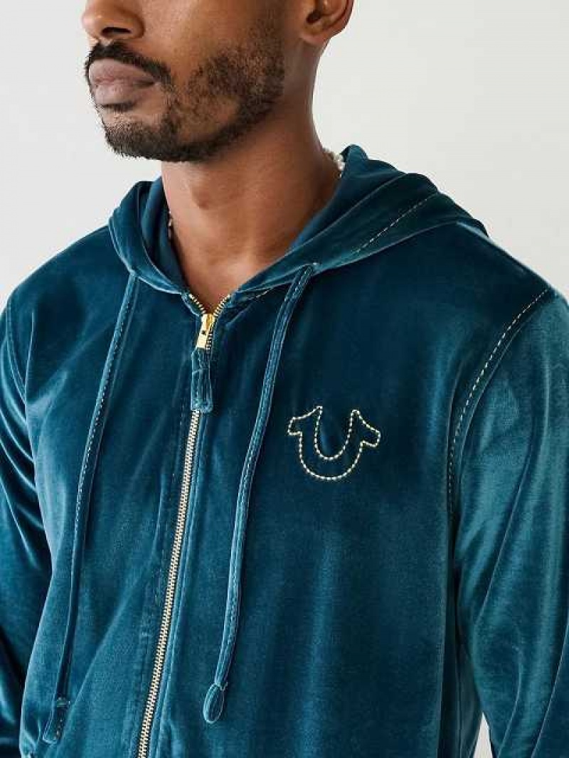 True Religion Velour Big T Zip Hoodie Herr Påfågelblå | HAJ210436