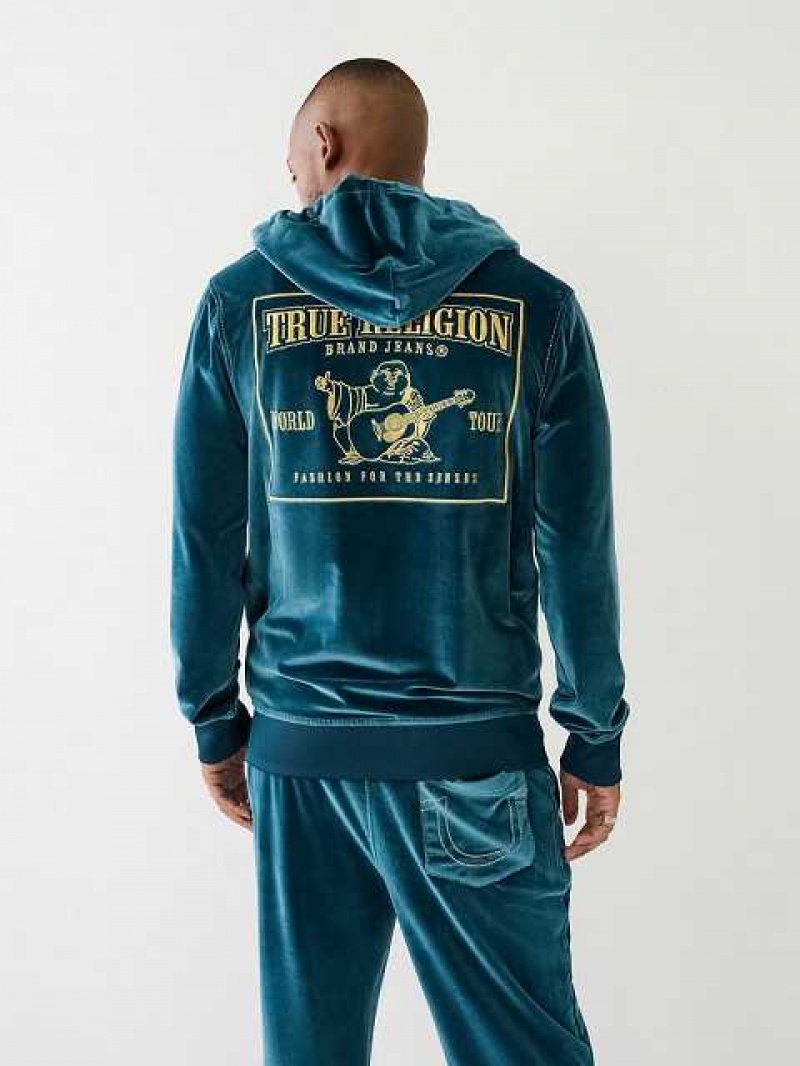 True Religion Velour Big T Zip Hoodie Herr Påfågelblå | HAJ210436