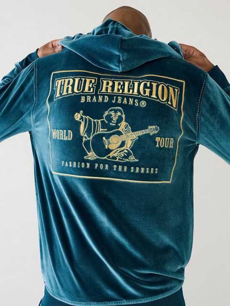 True Religion Velour Big T Zip Hoodie Herr Påfågelblå | HAJ210436