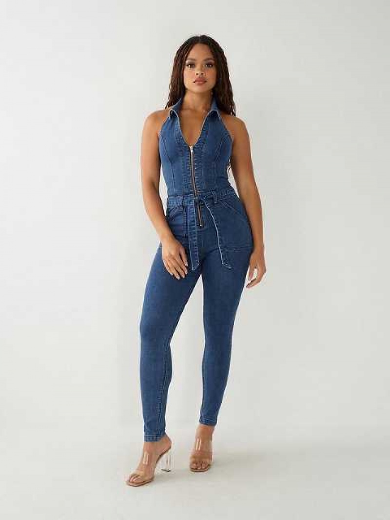 True Religion Zip Denim Jumpsuit Dam Blå Tvätt | YNV174896